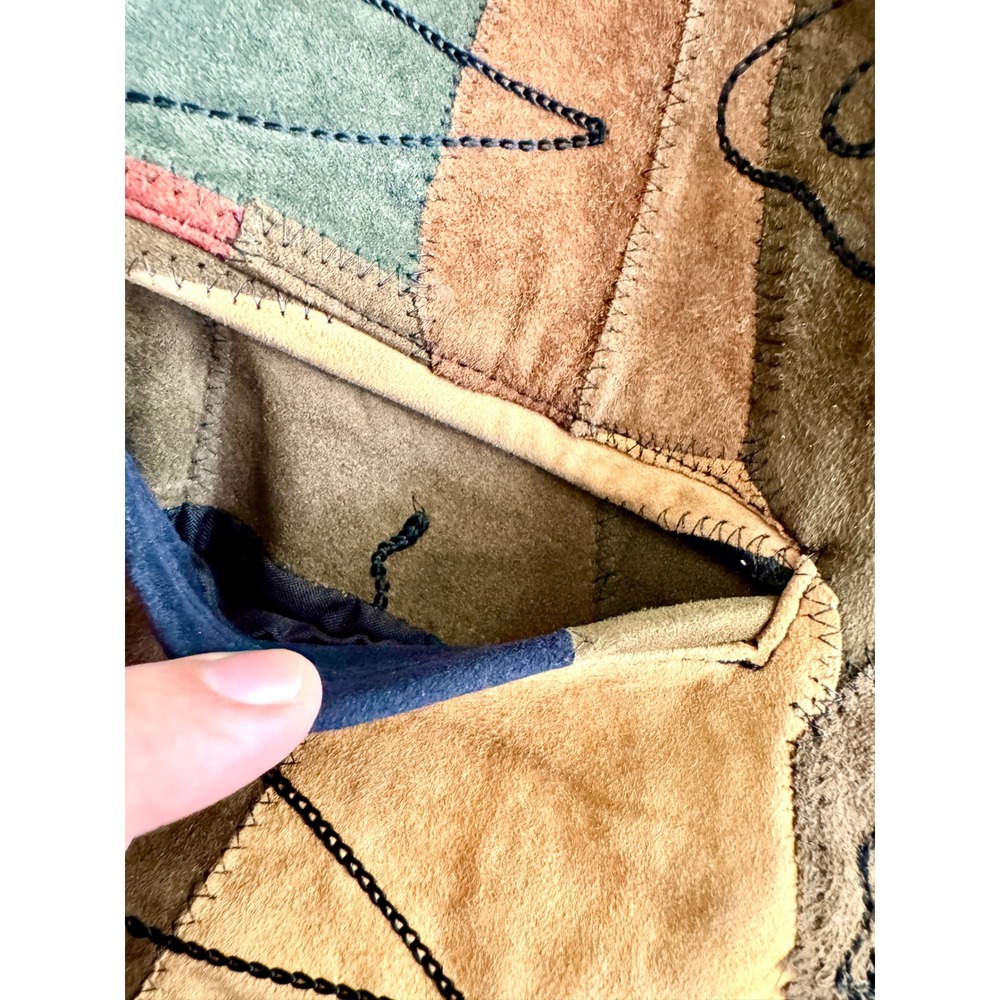 AJNY Vintage Patchwork Leather Boho Vest Med Floral Suede Earth Tone 90s Retro - Picture 13 of 14